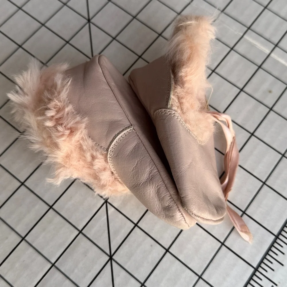 Vintage 1950s Pink Leather Baby Shoes Rabbit Fur Trim Ribbon Ties Prewalker